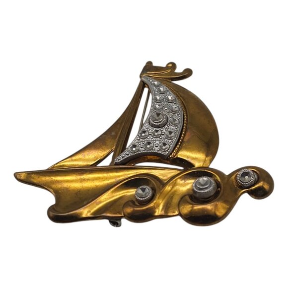 Vintage Brass Sailbaot Sailing Waves Brooch 3" Nautical Boat Retro Silver Tone - Picture 4 of 6